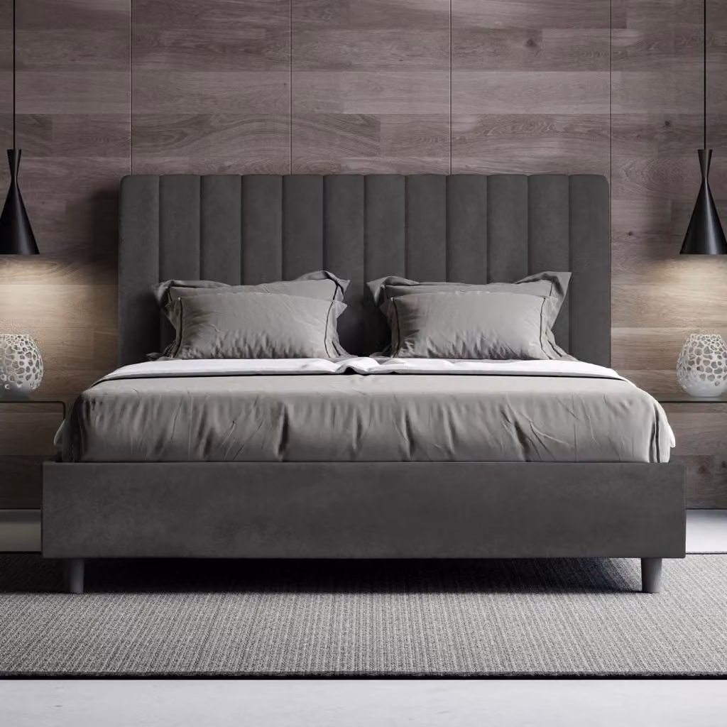 Letto Matrimoniale Moderno Giordanoshop in Legno e Tessuto Microfibra Grigio L: 175 cm, P: 210 cm, H: 122 cm – 2