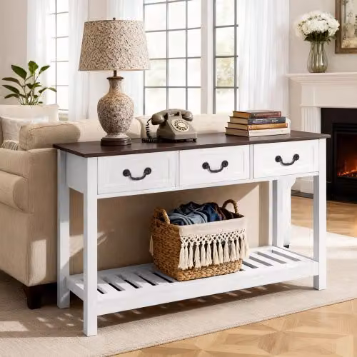 VEVOR Tavolino Console da Ingresso Rettangolare con Cassetti e Vano Portaoggetti in MDF, Bianco, L: 120 cm, P: 30 cm, H: 80 cm