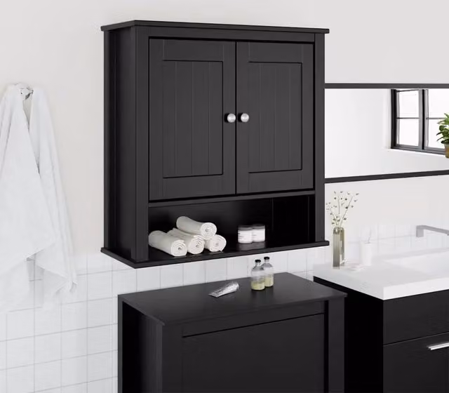 Mobile da Bagno a Muro vidaXL in Legno di Pino Nero con Ante a Battente e Ripiani Interni L: 69,5 cm, P: 27 cm, H: 71,5 cm