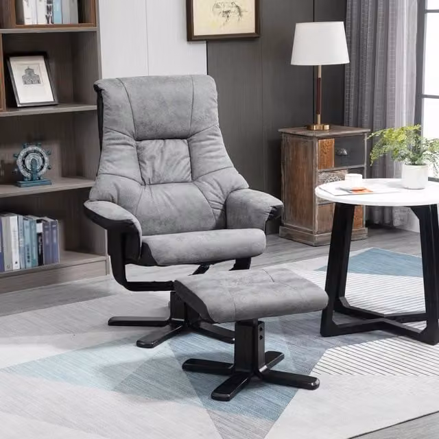 Poltrona relax reclinabile WISHDOR con poggiapiedi, girevole a 360° in tessuto grigio con struttura in legno massello – 1