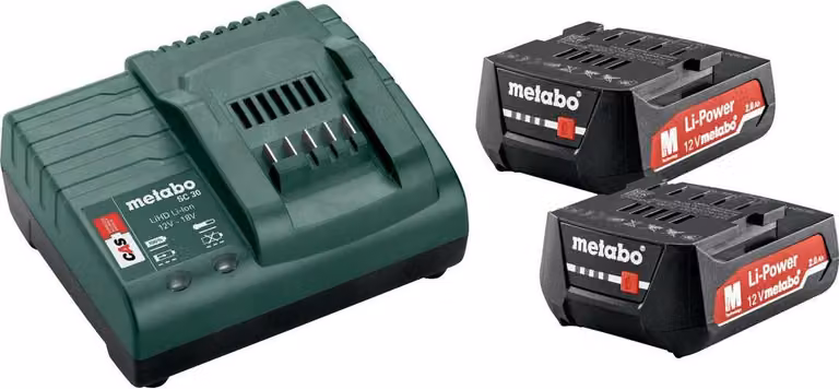 Metabo Akku Basis-Set (2 Akkus 2,0 Ah, Ladegerät SC 30, 12 V, Ersatzakkus)