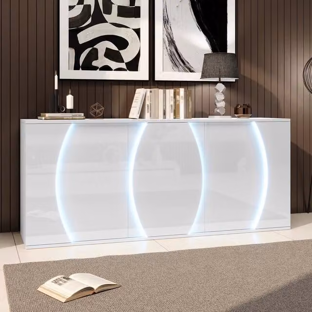 Credenza da Soggiorno con LED ¨C MINIMAL ¨C Bianco Lucido, Truciolato, 3 Ante, 150x40x70 cm
