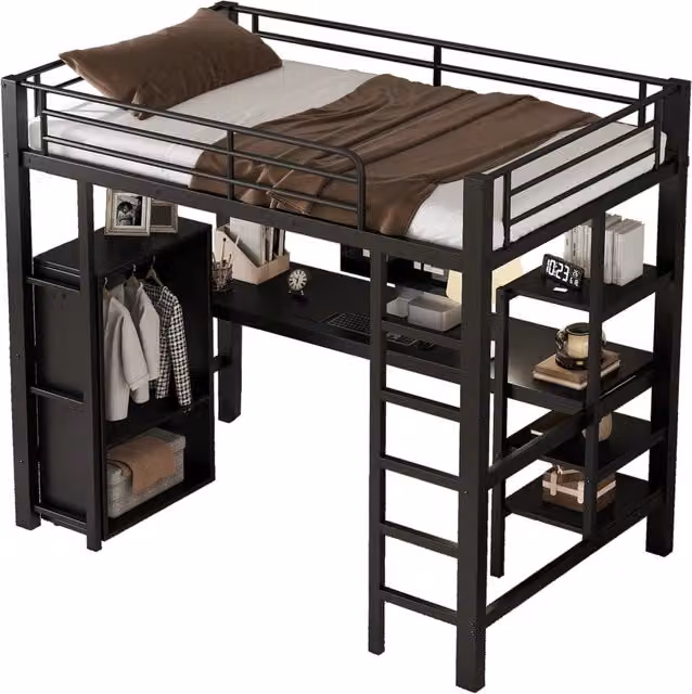 Letto a castello REDOM in metallo nero per bambini con scala e scomparti laterali L/P/H: 190 x 90 x 200 cm – 1