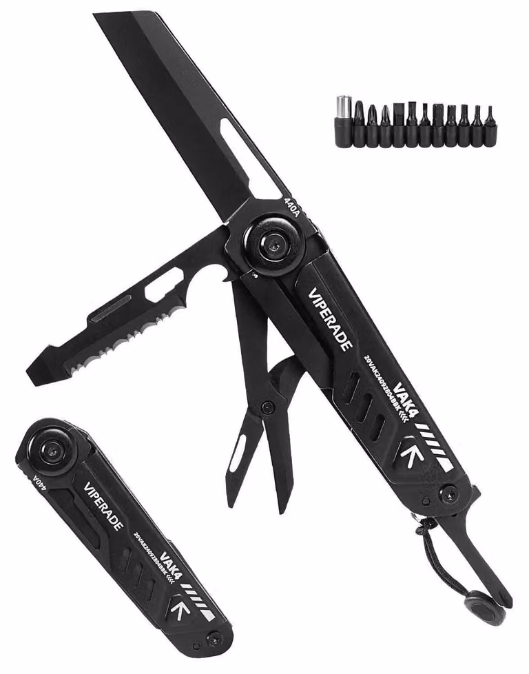 Coltello multiuso pieghevole EDC con forbici, apriscatole, cacciavite e fischietto, colore nero