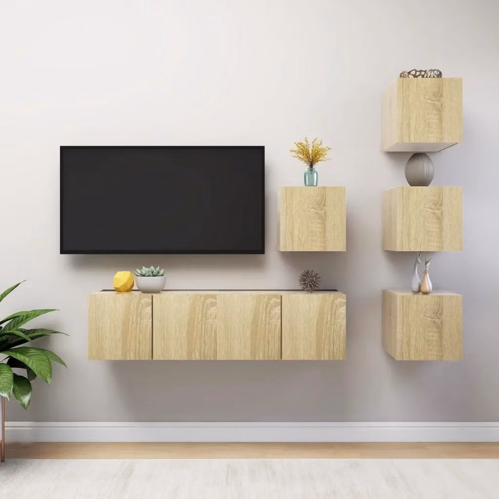 Set di Mobili Porta TV Moderno in Legno Multistrato Rovere Sonoma, Colore Marrone e Beige, 6 Pezzi – 2