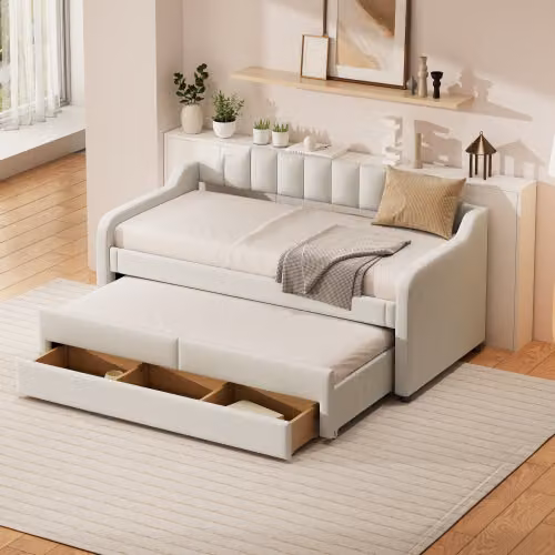 Divano letto AIORBER, 90x200cm(190cm), letto a scomparsa, con rete a doghe, 1 cassetto lungo, biancheria, divano letto per bambini, per camera degli ospiti, beige