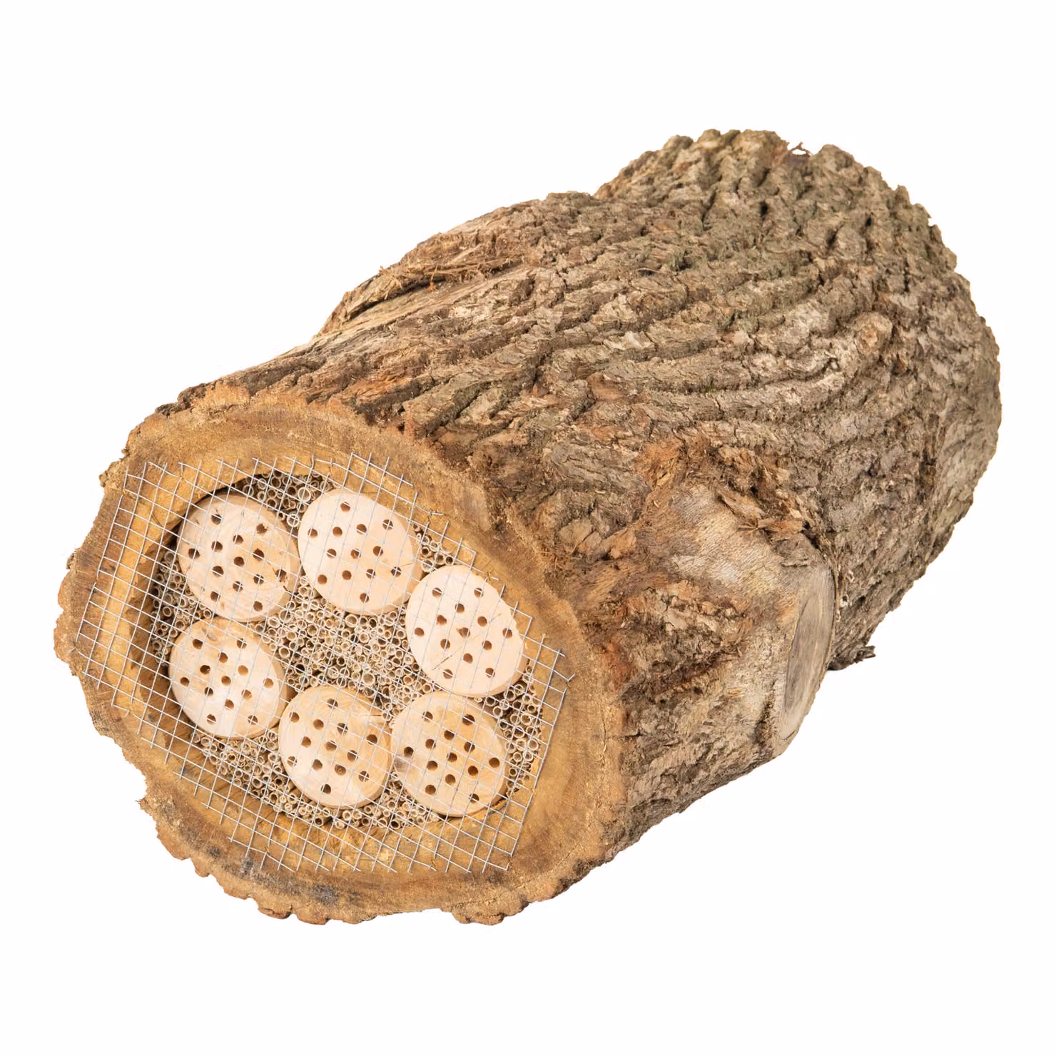 Hotel per insetti aperto su entrambi i lati nel tronco d'albero MKW - casa per insetti di - resistente alle intemperie con rete - per api selvatiche e coccinelle