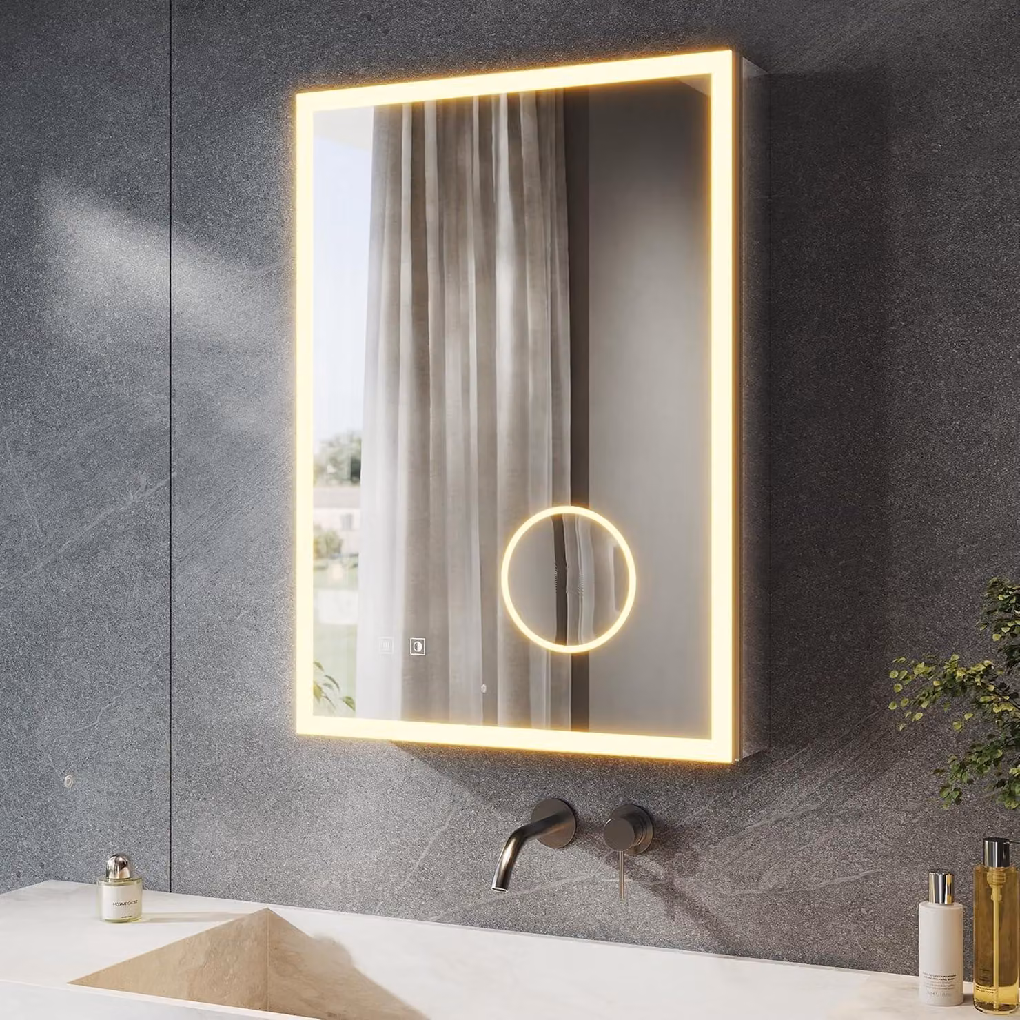 Specchio contenitore a LED per bagno, con specchio ingrandente triplo e presa di corrente, dimensioni 70 x 50 cm, armadietto a specchio in alluminio con interruttore a touch, 3 tonalità di luce