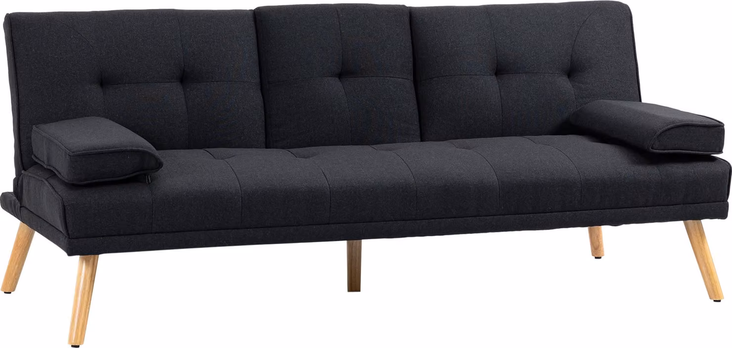 Divano letto Moonbite, 3 posti, 181 cm, con tavolino pieghevole e portabicchieri, schienale regolabile in 3 posizioni, imbottitura di 18 cm, gambe in legno massello, tessuto in poliestere, colore grigio