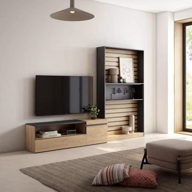 Mobile TV, Soggiorno, 260x35x186cm, Per TV fino a 65", Set di mobili, colore Rovere e nero RF2535