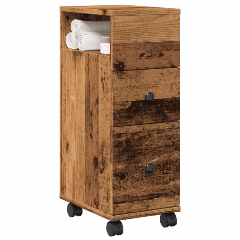 Mobile da bagno stretto con ruote vidaXL in legno effetto vecchio marrone con ripiani e cassetti