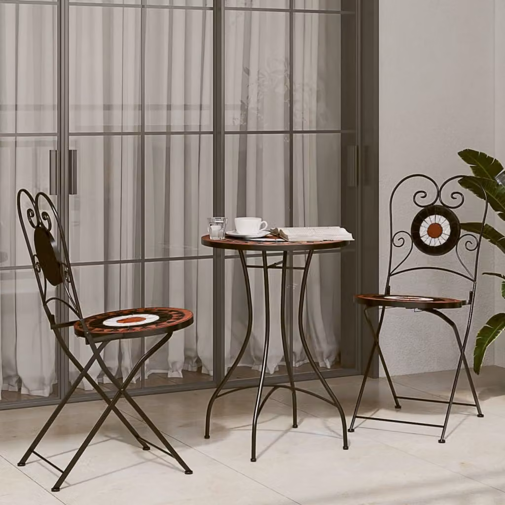Set da Bistrot vidaXL in Acciaio Verniciato e Ceramica con Mosaico Geometrico, Colori Terracotta, Bianco e Arancione – 1