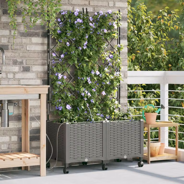 Set di 2 vasi da giardino con irrigazione e ruote vidaXL, colore grigio chiaro, in plastica