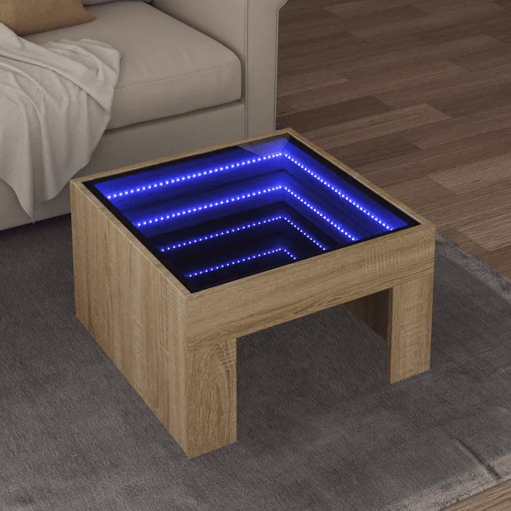 vidaXL Tavolino da Salotto Moderno con LED in Rovere, L/P/H: 50 x 50 x 30 cm