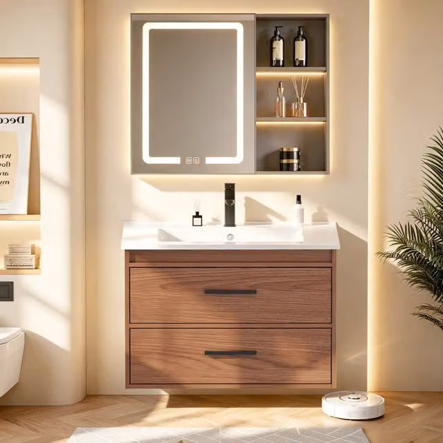 Mobile bagno 75 cm rosso marrone con 2 cassetti, ampio spazio contenitivo