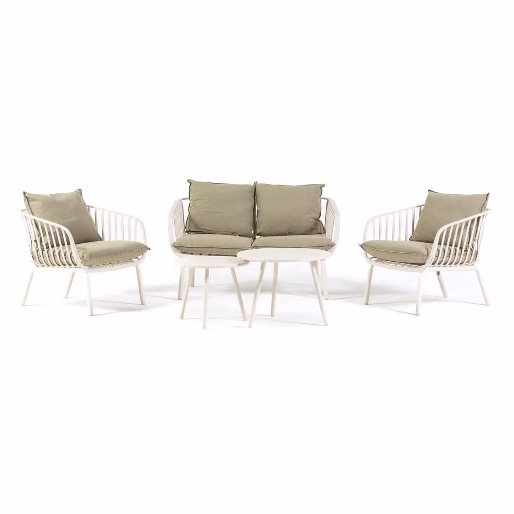 Set da giardino con divano a 2 posti, 2 poltrone e 2 tavoli - struttura in fibra di vetro rinforzata con resina e gambe in acciaio, cuscini sfoderabili da 10 cm - design moderno e confortevole per giardino, patio e veranda - BELLAGIO - Crema