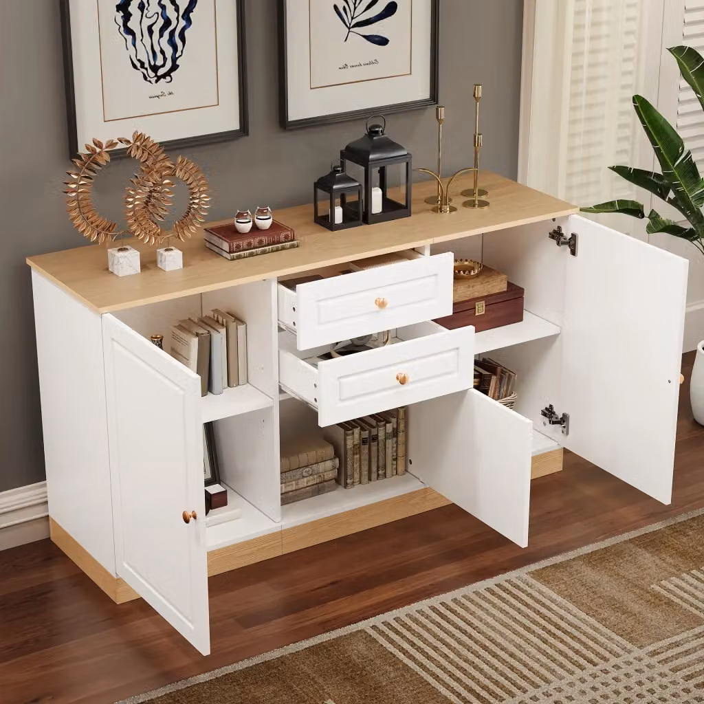 Credenza moderna MIVRAY con 3 ante, 2 cassetti e ripiani regolabili in bianco e legno, L 135.5 x P 39 x H 76 cm – 2
