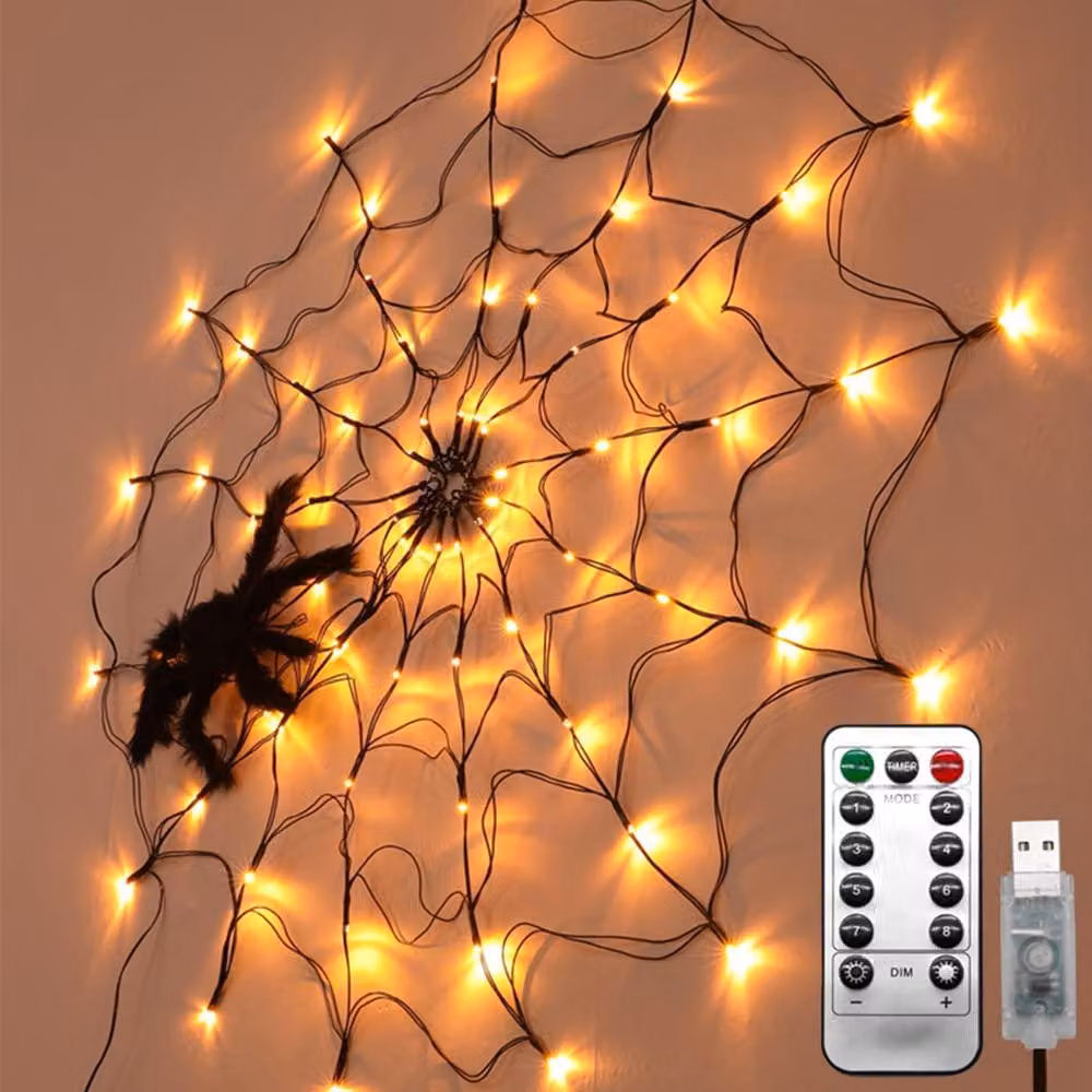 Lampada a forma di ragnatela con 70 LED, telecomando, 8 modalità, decorazione per Halloween