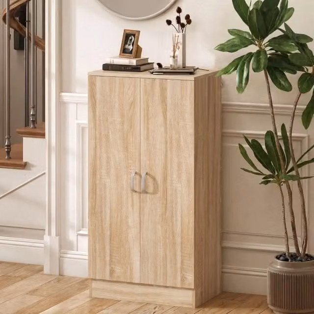 Scarpiera moderna Mivray con ante soft close e ripiani interni, colore marrone e beige, L: 55 cm, P: 35 cm, H: 108 cm