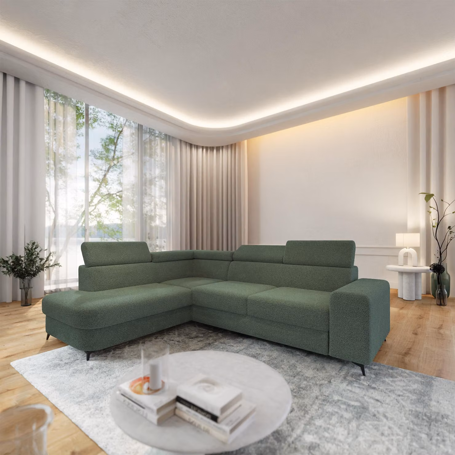 Divano angolare Masseno ALVORO L-S con funzione letto a L, divano con box letto, divano da soggiorno, divano, divano letto, set di divani - verde, QUELLE 37