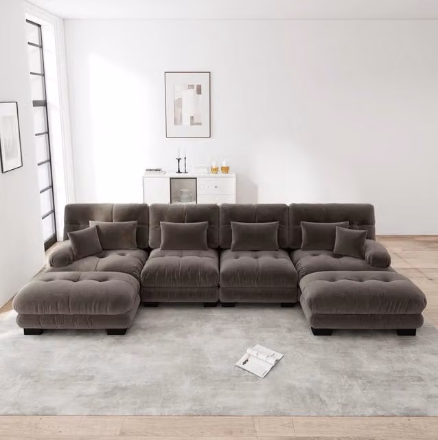 Divano modulare a U MODFU marrone con ottomane e cuscini coordinati L: 406 cm, P: 145 cm, H: 81 cm