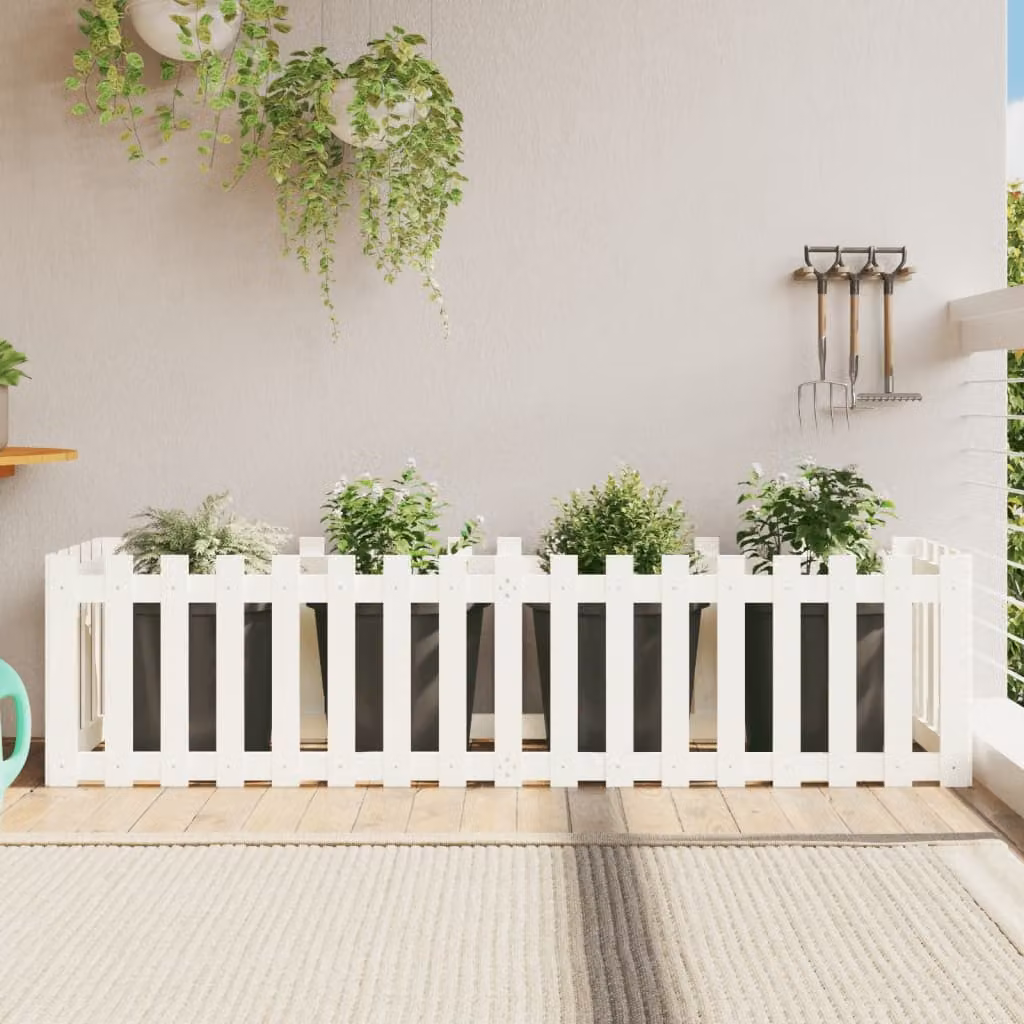 Fioriera da giardino a recinzione vidaXL in legno di pino massello, colore bianco, L 200 cm x P 50 cm x H 50 cm
