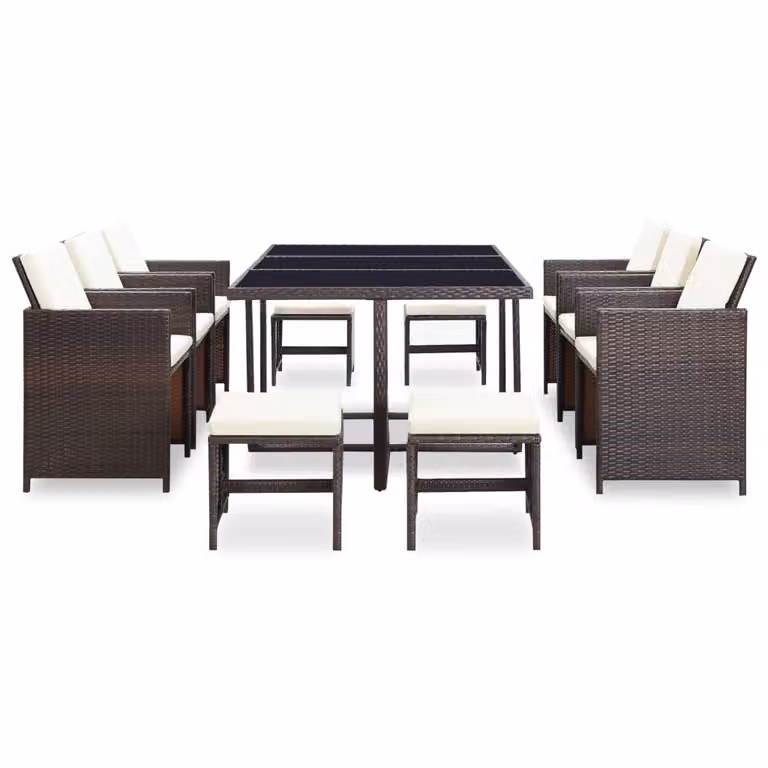 Set da Pranzo da Giardino 11 pz con Cuscini Polyrattan Marrone