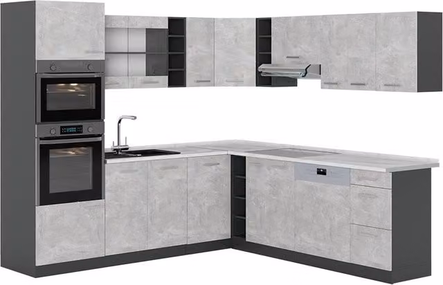 Cucina angolare moderna Vicco R-Line Calcestruzzo e Antracite con ante in vetro e illuminazione integrata L/P/H: 247 x 237 x 60 cm