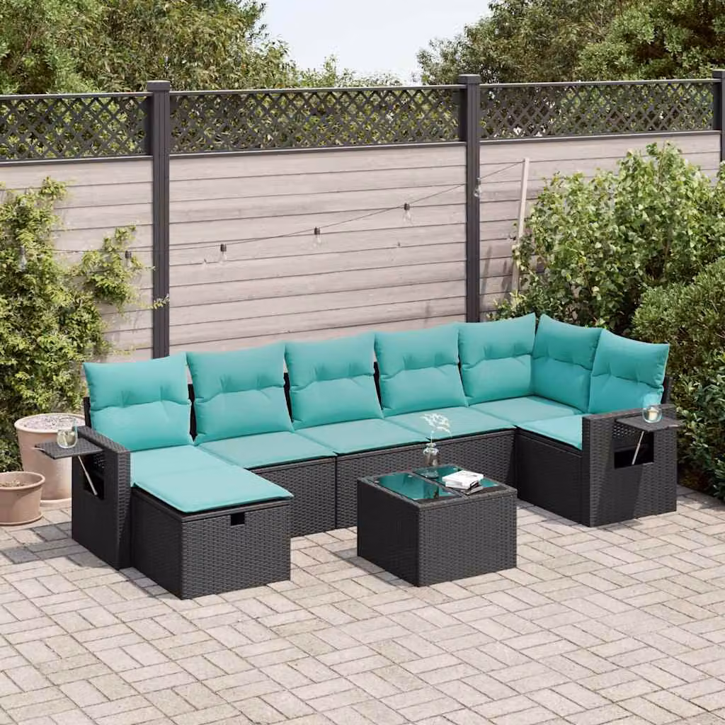 Set Divani da Giardino vidaXL a Forma di L con 8 Pezzi, Polyrattan e Cuscini, Nero