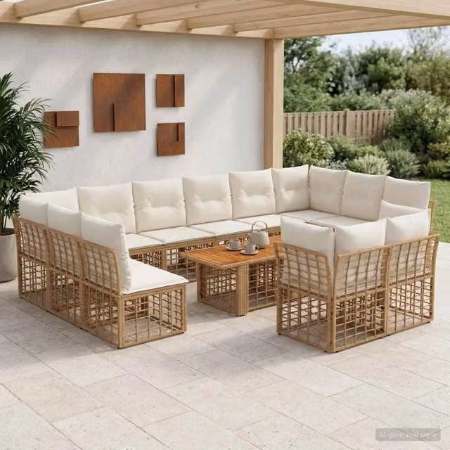Set Divano da Giardino vidaXL a forma a U in Polyrattan con Cuscini, Colore Naturale e Bianco Crema, 13 Pezzi