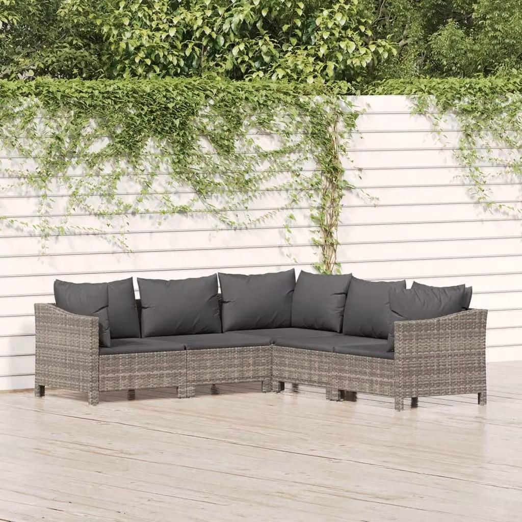The Living Store Set da giardino 5 pezzi con cuscini in poly rattan grigio