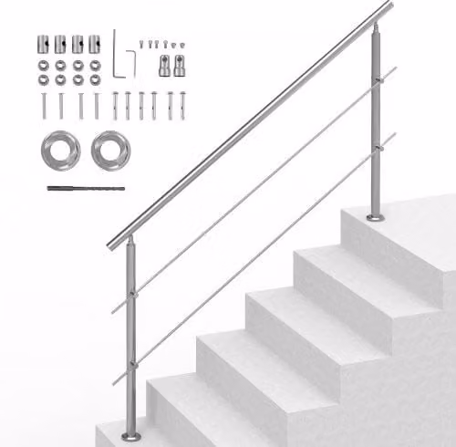 Kit Corrimano per Scale Esterni VEVOR in Acciaio Inox Argento con 2 Traverse da 180 cm