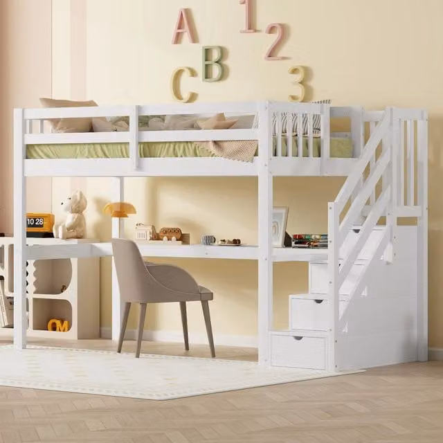 Letto a soppalco 90 x 200 cm per bambini con cassetti contenitore e scrivania sotto il letto - Bianco