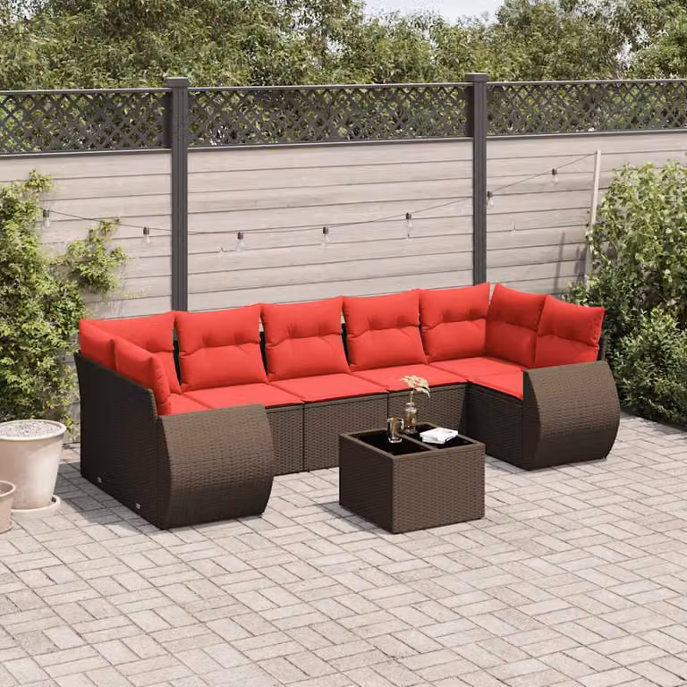 Set di divani da giardino vidaXL in polyrattan marrone con cuscini e tavolino da esterno a forma di L per 8 persone