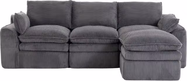 Divano modulare 3 posti in velluto a coste con pouf, cuscini inclusi e doppie tasche laterali, imbottitura a 3 strati e molle per un rapido ritorno elastico, colore grigio scuro, 263x167x85 cm