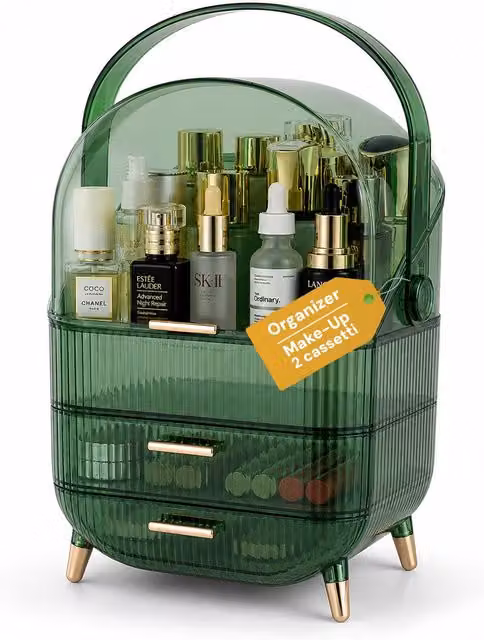 Porta Trucco Impermeabile Avilia Home con Maniglia Rotante e 3 Scomparti, Disponibile in Oro o Verde, L/P/H: 34 x 30 x 34 cm