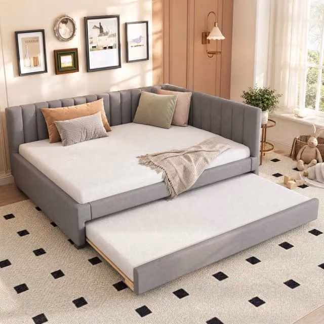 Letto imbottito 140x200 cm grigio in velluto con letto estraibile e rete a doghe