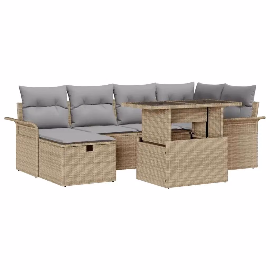 Set Divano da Giardino vidaXL 7 Pezzi Beige con Cuscini e Tavolino in Polyrattan e Acciaio – 2