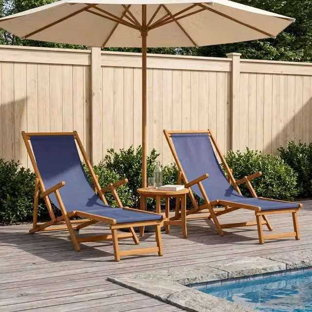 Set di 2 lettini prendisole pieghevoli vidaXL in legno con tessuto blu resistente ai raggi UV e poggiatesta regolabile – 1