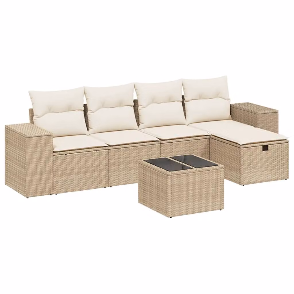 Set Divano da Giardino 6 pz con Cuscini Beige in Polyrattan