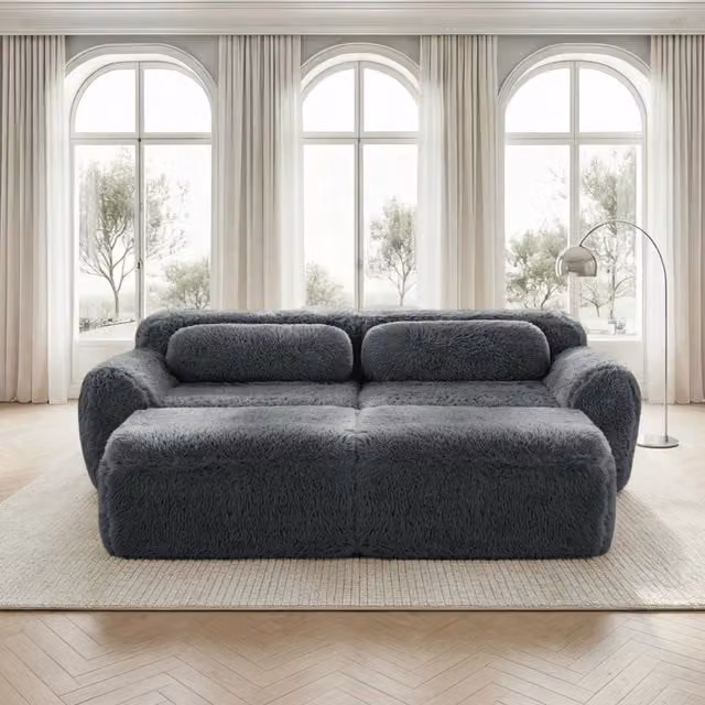 Divano angolare modulare MIVRAY grigio con pouf coordinato, design moderno reversibile in tessuto per il tuo soggiorno