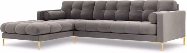 Divano angolare sinistro Bali di Cosmopolitan Design in velluto grigio chiaro con 5 posti e cuscini inclusi L/P/H: 293 x 185 x 75 cm