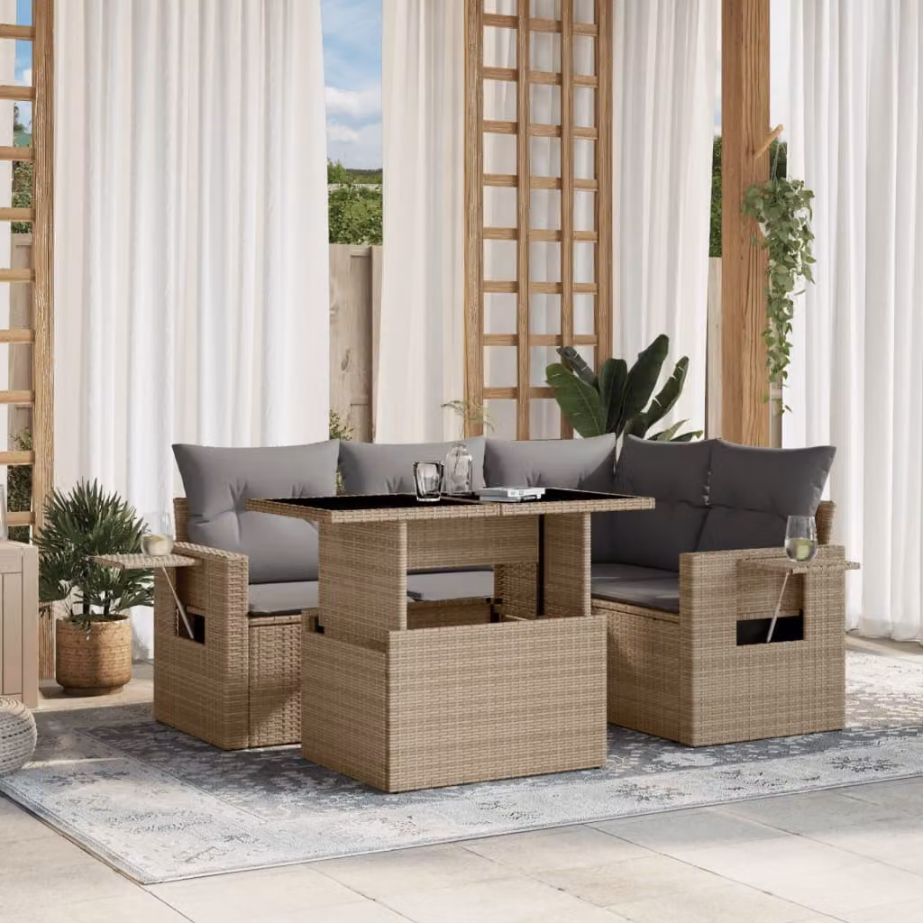 vidaXL Set Divano da Giardino 5 pz in Polyrattan con Cuscini Beige e Struttura in Metallo – 1