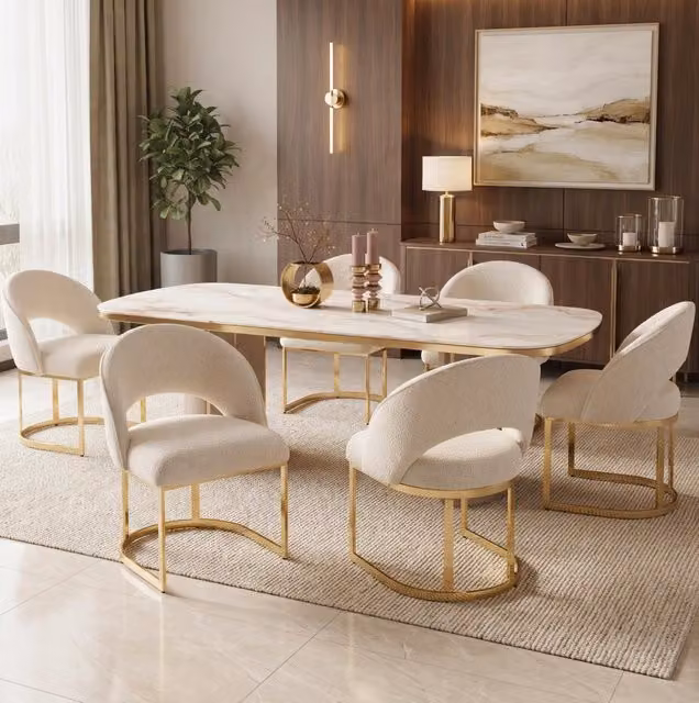 Set di 6 sedie da pranzo in bouclé beige con gambe in metallo galvanizzato oro