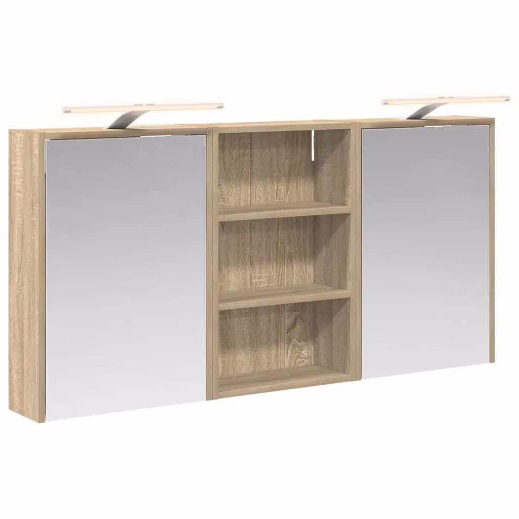 Set di 3 armadi da bagno vidaXL in legno e vetro marrone con illuminazione LED e specchio L/P/H: 126 x 16 x 62.5 cm – 2