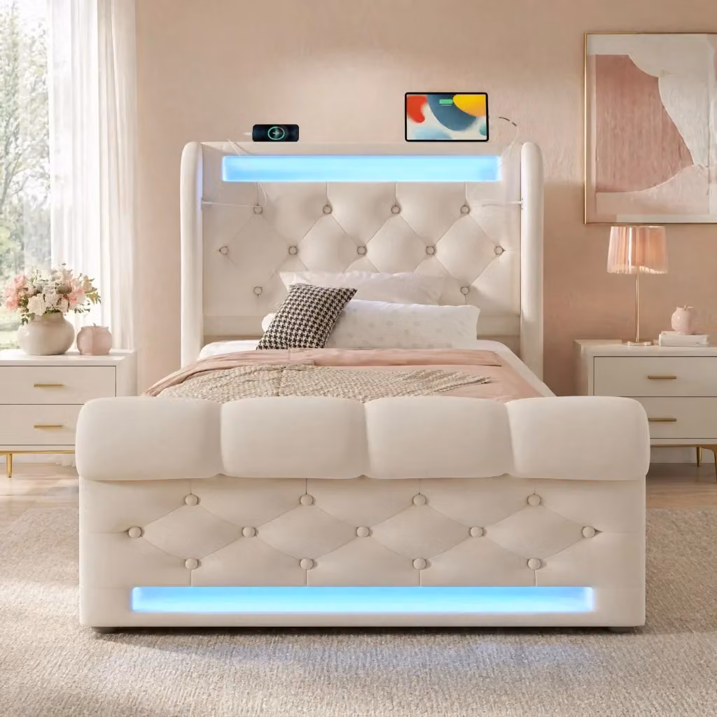 Letto contenitore Mivray con materasso ibrido, testiera in velluto beige, illuminazione LED e porte USB e Type-C, L/P: 90 x 200 cm – 2