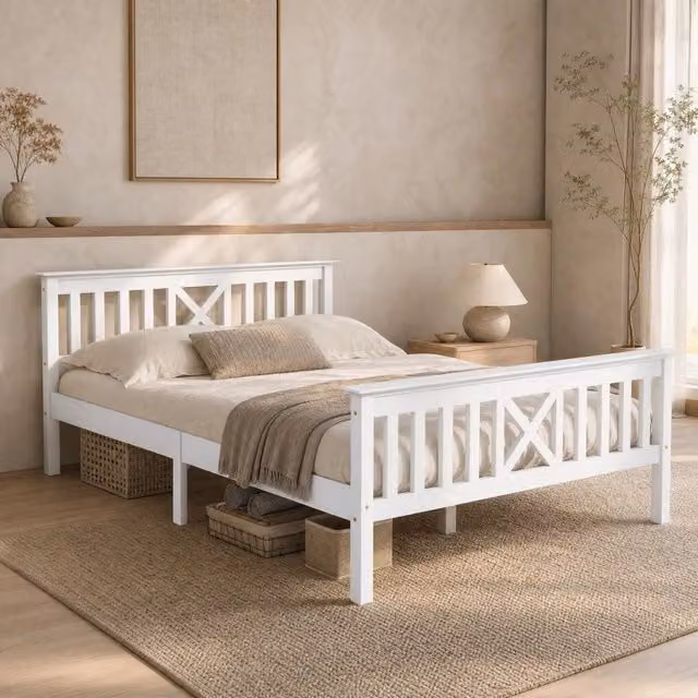 Letto matrimoniale REDOM in legno di pino bianco con cassetti e rete a doghe L/P/H: 140 x 200 x 109 cm