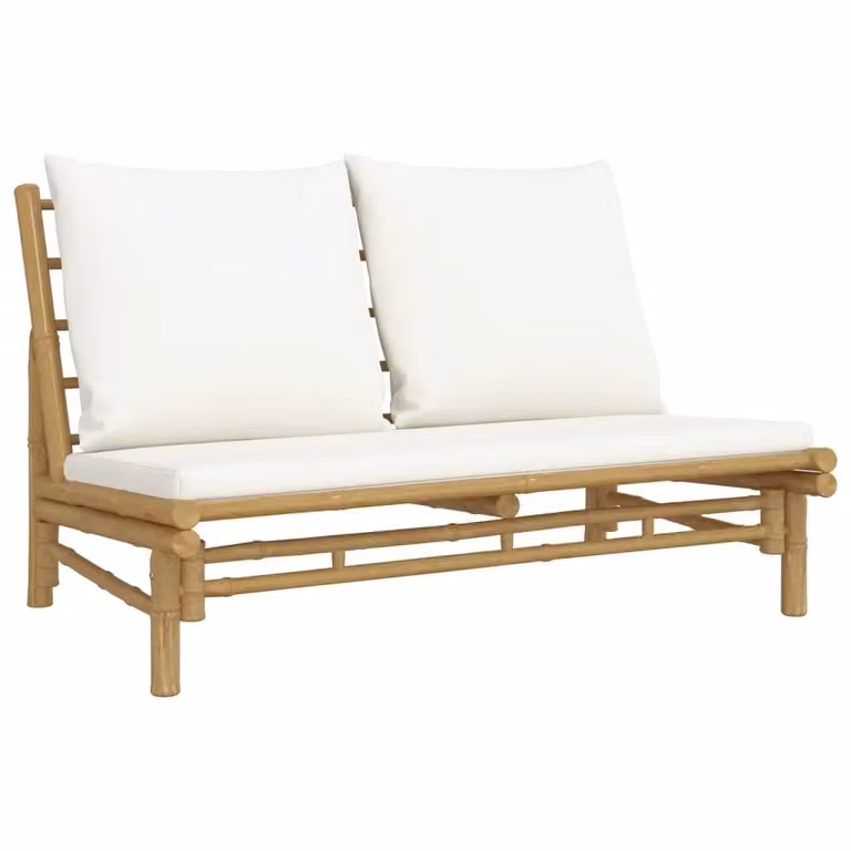 Panca da giardino vidaXL in bambù con cuscini beige e bianchi per esterno e terrazza