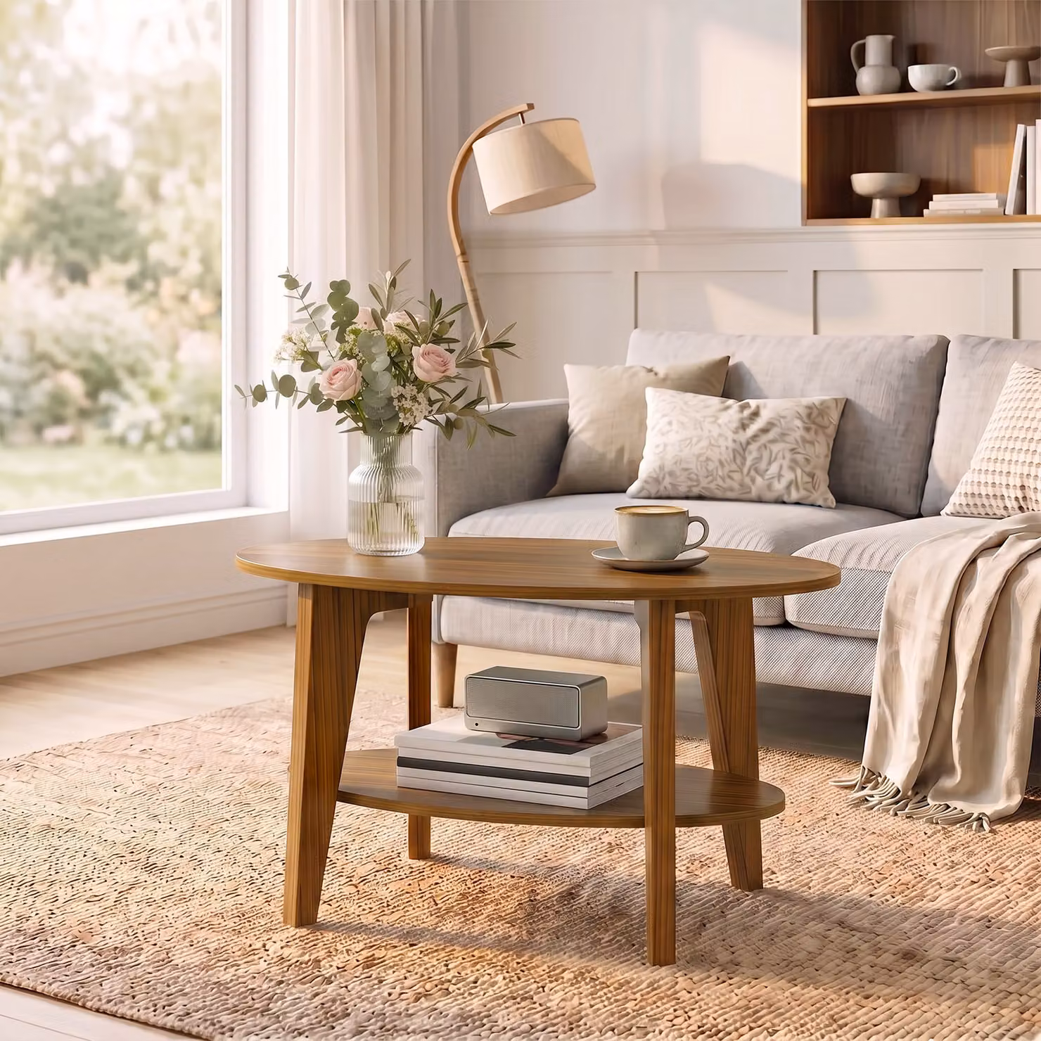Tavolino Ovale HOMCOM a 2 Livelli con Mensola Inferiore in Rovere Marrone L: 80 cm, P: 50 cm, H: 45 cm – 2