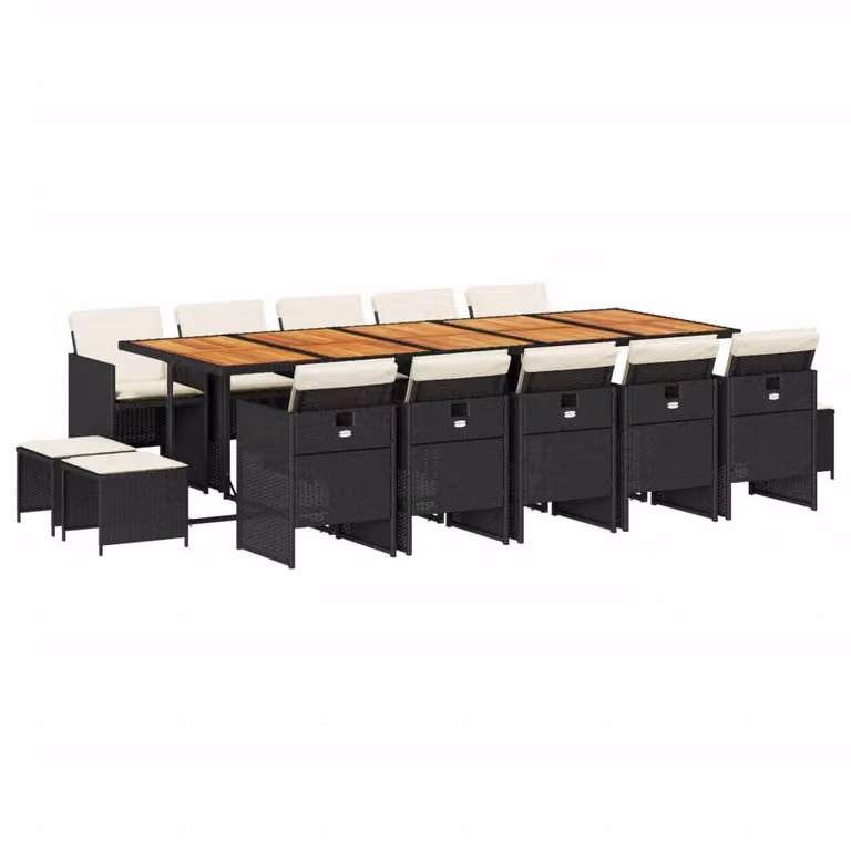 Set da Pranzo da Giardino 15 pz con Cuscini Nero in Polyrattan